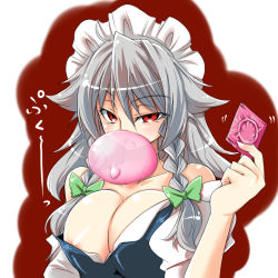 Rule 34 | 1girl, areola slip, blush, body blush, bow, braid, breasts, breasts squeezed together, cleavage, clothes down, collarbone, condom, condom balloon, condom in mouth, embodiment of scarlet devil, female focus, grey hair, hair bow, headband, huge breasts, izayoi sakuya, large breasts, looking at viewer, maid, maid headdress, mouth hold, naughty face, nipple slip, nipples, off shoulder, open clothes, open shirt, red background, red eyes, shiny clothes, shiny skin, shirt, solo, tajima yuuki, touhou, twin braids, upper body