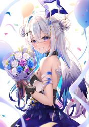 Rule 34 | 1girl, absurdres, amane kanata, amane kanata (another world), angel, angel wings, backless dress, backless outfit, balloon, bare shoulders, birthday, black gloves, blue hair, blush, bouquet, breasts, choker, colored inner hair, confetti, crossed bangs, double bun, dress, feathered wings, flower, from behind, gloves, gradient wings, grey hair, grin, hair between eyes, hair bun, hair ornament, hairclip, halo, highres, hololive, long hair, looking at viewer, looking back, multicolored hair, multicolored wings, purple eyes, ribbon, shoulder blades, single hair intake, sira (user dswn7488), small breasts, smile, solo, star halo, strapless, strapless dress, streaked hair, teeth, two-tone hair, virtual youtuber, white hair, wings