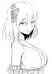 Rule 34 | 10s, 1girl, breasts, female focus, from side, greyscale, ha akabouzu, hair ornament, highres, kantai collection, large breasts, looking at viewer, looking to the side, monochrome, nontraditional miko, open mouth, short hair, simple background, sketch, solo, upper body, white background, yamashiro (kancolle)