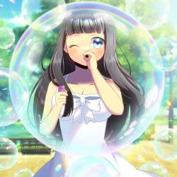 Rule 34 | 1girl, bare arms, bare shoulders, black hair, blue eyes, blue sky, blurry, blurry background, blush, bow, breasts, bubble pipe, cleavage, cloud, collarbone, commission, day, depth of field, dress, holding, kou hiyoyo, long hair, looking at viewer, medium breasts, one eye closed, original, outdoors, skeb commission, sky, sleeveless, sleeveless dress, soap bubbles, solo, tree, very long hair, white bow, white dress