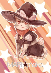 Rule 34 | 1girl, ;q, alternate species, animalization, back bow, bandana, bandana around neck, black hat, black skirt, black vest, bow, brown background, cat, commentary request, diagonal striped background, full body, grey cat, hair bow, hat, kirisame marisa, looking at viewer, multicolored background, norizc, one eye closed, orange background, orange bandana, puffy short sleeves, puffy sleeves, red background, red eyes, sheriff badge, shirt, short sleeves, sitting, skirt, solo, star-shaped pupils, star (symbol), symbol-shaped pupils, tongue, tongue out, touhou, vest, white bow, white shirt, witch hat, yellow background, yellow pupils