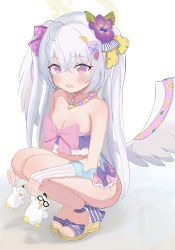 Rule 34 | 1girl, absurdres, ahoge, azusa (blue archive), azusa (swimsuit) (blue archive), bikini, blue archive, flower, full body, glasses, hair flower, hair ornament, halo, highres, long hair, mizumi kamijo, peroro (blue archive), purple eyes, purple flower, sandals, smile, stuffed animal, stuffed toy, swimsuit, thighs, toes, very long hair, wings