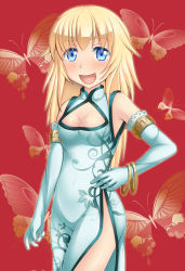 Rule 34 | 1girl, armlet, bangle, blonde hair, blue eyes, bracelet, breasts, china dress, chinese clothes, cleavage, cleavage cutout, clothing cutout, dress, elbow gloves, gloves, hand on own hip, helma lennartz, highres, jewelry, jou (koe410), long hair, open mouth, side slit, solo, strike witches, strike witches: suomus misfits squadron, world witches series