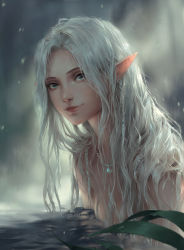 Rule 34 | 1girl, blue eyes, blurry, blurry background, braid, chuby mi, elf, highres, jewelry, lips, long hair, looking at viewer, necklace, nude, original, partially submerged, pointy ears, smile, solo, upper body, water, white hair