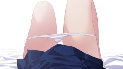Rule 34 | 1girl, blue skirt, chinese commentary, commentary request, female pov, highres, legs, light particles, lower body, on bed, original, panties, panty pull, pleated skirt, pov, qianhui, simple background, skirt, solo, thighs, underwear, white background, white panties