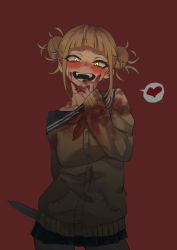 Rule 34 | 1girl, :d, absurdres, arm behind back, bags under eyes, blonde hair, blood, blood on clothes, blood on face, blood on hands, blue skirt, blush, boku no hero academia, cardigan, commentary, cowboy shot, crazy smile, double bun, fangs, glowing, glowing eyes, hair bun, hand on own face, heart, highres, icy02, looking at viewer, medium hair, messy hair, miniskirt, nail polish, neckerchief, open mouth, pleated skirt, red background, red nails, red neckerchief, sailor collar, sidelocks, simple background, skirt, smile, solo, speech bubble, spoken heart, toga himiko, yellow eyes