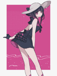Rule 34 | 1girl, bare shoulders, black bow, black dress, black gloves, black hair, blunt bangs, bob cut, border, bow, breasts, dress, frills, gloves, grey hat, half gloves, hat, highres, inverted bob, looking at viewer, maco22, multicolored hair, original, outside border, pink eyes, purple background, purple hair, ribbon, short hair, small breasts, smile, solo, standing, streaked hair, sun hat, white border
