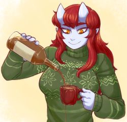 Rule 34 | 1girl, aoi (ittla), blue skin, bottle, colored skin, commentary, cup, green sweater, horns, ittla, long hair, looking down, oni horns, orange eyes, original, pointy ears, pouring, red hair, sketch, slit pupils, smile, solo, spilling, sweater, thick eyebrows, turtleneck, turtleneck sweater, upper body