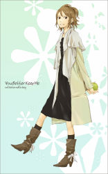 Rule 34 | 1girl, apple, arms behind back, black socks, boots, brown eyes, brown footwear, brown hair, capelet, coat, dress, english text, fashion, floral background, food, from side, fruit, full body, grin, half updo, high heel boots, high heels, holding, holding food, holding fruit, original, smile, socks, solo, standing, trench coat, yoshito