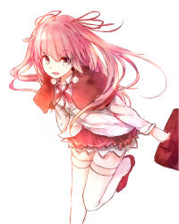 Rule 34 | 1girl, bag, capelet, fang, hair ribbon, highres, holding, holding bag, leaning forward, long hair, looking at viewer, open mouth, original, pink eyes, pink hair, pleated skirt, red ribbon, red skirt, ribbon, school uniform, silver (chenwen), simple background, skirt, smile, solo, standing, standing on one leg, thighhighs, two side up, white background, white thighhighs