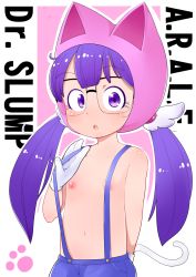 Rule 34 | 1girl, animal ears, cat ears, cat tail, copyright name, dr. slump, flat chest, glasses, gloves, hat, kuzuyama, long hair, looking at viewer, naked suspenders, name drop, nipples, norimaki arale, open mouth, purple eyes, purple hair, simple background, solo, suspenders, tail, topless, twintails, white background