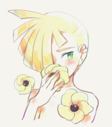 Rule 34 | 1boy, blonde hair, blush, covered mouth, creatures (company), earrings, flower, game freak, gladion (pokemon), green eyes, hair over one eye, holding, holding flower, jewelry, male focus, nintendo, pokemon, pokemon sm, short hair, simple background, solo, topless male, yoyterra