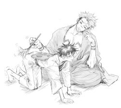 Rule 34 | 2boys, absurdres, all fours, arm tattoo, ass, barefoot, blush, chest tattoo, cup, duster, extra eyes, facial tattoo, full-face blush, fushiguro megumi, highres, holding, holding duster, japanese clothes, jujutsu kaisen, kimono, looking at another, male focus, monochrome, multiple boys, muscular, muscular male, nail polish, ryoumen sukuna (jujutsu kaisen), sitting, smile, spiked hair, tattoo, teacup, woshihedawei, yaoi