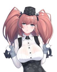Rule 34 | 1girl, artist name, atlanta (kancolle), black hat, black skirt, blush, breasts, brown hair, buttons, collared shirt, earrings, garrison cap, gloves, grey eyes, hair between eyes, hat, high-waist skirt, jewelry, kantai collection, large breasts, long hair, long sleeves, odachu, open mouth, partially fingerless gloves, shirt, signature, simple background, skirt, solo, star (symbol), star earrings, suspender skirt, suspenders, two side up, upper body, white background, white shirt