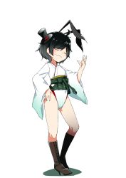 Rule 34 | 10s, 1girl, absurdres, adapted costume, animal ears, black footwear, black hair, boots, cross-laced footwear, closed eyes, full body, hakama, hakama short skirt, hakama skirt, hat, highres, japanese clothes, kantai collection, lace-up boots, leotard, matsukaze (kancolle), mini hat, mini top hat, nassukun, playboy bunny, rabbit ears, rabbit girl, rabbit tail, short hair, skirt, smile, smug, solo, standing, tail, top hat, white background