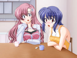 2girls ayane_(shimai_don) blue_hair chair cup game_cg maaya_(shimai_don) multiple_girls pink_hair shimai_don~shirudaku_de~ short_hair table