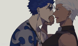 Rule 34 | 2boys, archer (fate), blue hair, brown eyes, close-up, couple, covering another&#039;s mouth, cu chulainn (fate), cu chulainn (fate/stay night), cu chulainn (second ascension) (fate), dark-skinned male, dark skin, earrings, fate/grand order, fate/stay night, fate (series), hand over another&#039;s mouth, hikaru (asteriskring), hug, imminent kiss, jewelry, male focus, multiple boys, muscular, necklace, official alternate costume, pectorals, red eyes, topless male, white hair, yaoi
