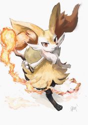 1girl :3 animal_ear_fluff animal_ears animal_hands artist_name braixen closed_mouth creatures_(company) female_focus fire fox_ears fox_girl fox_tail from_above full_body furry furry_female game_freak gen_6_pokemon happy highres holding ikei looking_at_viewer looking_up nintendo pokemon pokemon_(creature) red_eyes signature simple_background smile solo standing stick tail walking white_background