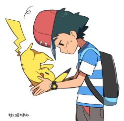 Rule 34 | 1boy, ame (ame025), ash ketchum, backpack, bag, baseball cap, black bag, blush, closed mouth, creatures (company), from side, game freak, gen 1 pokemon, green hair, hat, head down, male focus, nintendo, pants, pikachu, pokemon, pokemon (anime), pokemon (creature), pokemon sm (anime), red headwear, shirt, short hair, short sleeves, smile, solid oval eyes, striped clothes, striped shirt, t-shirt, white background