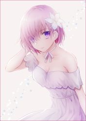 Rule 34 | 1girl, bad id, bad pixiv id, bare shoulders, blush, border, breasts, choker, cleavage, collarbone, commentary request, cowboy shot, dress, eyes visible through hair, fate/grand order, fate (series), flower, hair flower, hair ornament, hair over one eye, hand in own hair, looking at viewer, mash kyrielight, mash kyrielight (formal dress), medium breasts, noru (lila2), off-shoulder dress, off shoulder, official alternate costume, pink hair, purple border, purple eyes, purple hair, ribbon, ribbon choker, short hair, smile, solo, white choker, white dress, white flower, white ribbon