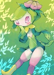 Rule 34 | 1girl, blush, colored sclera, colored skin, creatures (company), female focus, flat chest, flower, game freak, gradient background, green background, green hair, green leotard, green skin, green theme, hair flower, hair ornament, hand to own mouth, hands up, heart, highres, hisuian lilligant, legs, leotard, looking to the side, monster girl, multicolored skin, nintendo, one eye closed, pink flower, pink sclera, pink skin, plant girl, pokemon, pokemon (creature), redtrain, shoes, short hair, sidelocks, solo, strapless, strapless leotard, swept bangs, thighs, white eyes, white skin, wink, yellow footwear