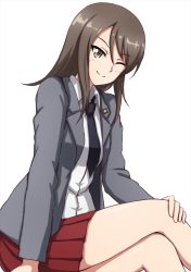 Rule 34 | 1girl, ;), black necktie, blazer, brown eyes, brown hair, closed mouth, commentary, crossed legs, dress shirt, emblem, girls und panzer, grey jacket, hand on own knee, highres, jacket, leaning forward, long hair, long sleeves, looking at viewer, mika (girls und panzer), miniskirt, necktie, no headwear, omachi (slabco), one eye closed, pleated skirt, red skirt, saunders school uniform, school uniform, shirt, simple background, sitting, skirt, smile, solo, white background, white shirt, wing collar
