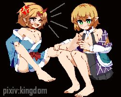 Rule 34 | 2girls, anger vein, artist name, bare shoulders, barefoot, black background, black skirt, blonde hair, blue kimono, bow, bowtie, breasts, chinese commentary, collarbone, commentary request, eyelashes, feet, tickling feet, foot up, green eyes, hair between eyes, highres, horns, hoshiguma yuugi, hoshiguma yuugi (kimono), japanese clothes, kimono, kingdom (user ysav4824), knee up, legs, light brown hair, medium breasts, medium hair, miniskirt, mizuhashi parsee, multiple girls, off shoulder, one eye closed, oni horns, open mouth, pixel art, pleated skirt, pointy ears, red bow, red eyes, revealing clothes, short kimono, sidelocks, simple background, single horn, sitting, skirt, soles, tearing up, tickling, toes, touhou, white bow