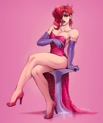 Rule 34 | bare shoulders, cosplay, crossdressing, dress, elbow gloves, gloves, hair over one eye, high heels, jessica rabbit, jojo no kimyou na bouken, jojo no kimyou na bouken, jostarjo, kakyoin noriaki, legs, lipstick, looking at viewer, makeup, male focus, muscular, pectorals, red dress, red hair, solo