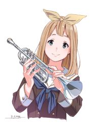 Rule 34 | 1girl, blonde hair, blue eyes, blue neckerchief, bow, brown shirt, buttons, closed mouth, dated, double-breasted, fingernails, hair bow, head tilt, hibike! euphonium, highres, holding, holding instrument, horikou, instrument, long sleeves, looking at viewer, medium hair, neckerchief, sailor collar, school uniform, serafuku, shirt, signature, simple background, smile, solo, trumpet, upper body, white background, white sailor collar, yellow bow, yoshikawa yuuko