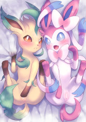 Rule 34 | 2girls, animal focus, anus, bar censor, bed sheet, between legs, blue eyes, blue sclera, bow, censored, closed mouth, colored sclera, covering privates, covering crotch, creatures (company), embarrassed, fangs, female focus, from above, full body, game freak, gen 4 pokemon, gen 6 pokemon, grey background, hair bow, hand between legs, hand up, happy, highres, leaf, leafeon, legs up, looking at viewer, looking up, lying, maki (letusgomaki), multiple girls, nervous, nintendo, no humans, notched ear, on back, open mouth, orange eyes, orange sclera, pokemon, pokemon (creature), presenting, pussy, ribbon, sheet grab, smile, sylveon, take your pick, white bow, white ribbon