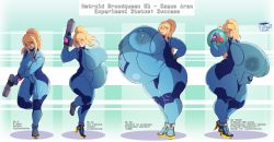 Rule 34 | arm up, artist name, ass, belly, belly grab, bloated belly, blonde hair, blue bodysuit, blue eyes, blush, bodysuit, breast expansion, breasts, coffeeslice, covered erect nipples, covered navel, english text, fat, fighting stance, gigantic breasts, gun, hand on own stomach, height difference, high heels, highres, holding, holding gun, holding weapon, huge areolae, huge ass, huge breasts, impossible bodysuit, impossible clothes, inflation, lactation, lactation through clothes, leg up, long hair, looking to the side, medium breasts, metroid, monster girl, muscular, muscular female, nintendo, plump, ponytail, pregnant, progression, samus aran, sequential, standing, standing on one leg, thick thighs, thighs, weapon, weight gain, zero suit