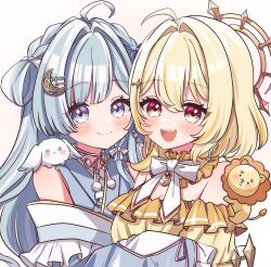 Rule 34 | 2girls, absurdres, ahoge, amaui, animal, animal on shoulder, blonde hair, blue hair, blue kimono, blunt bangs, blush, bow, bowtie, braid, breasts, cleavage, closed mouth, collar, commentary request, crescent, crescent hair ornament, crown braid, detached collar, dress, frilled collar, frilled dress, frilled kimono, frills, hair between eyes, hair bow, hair intakes, hair ornament, halo, highres, hinata mashu, japanese clothes, kimono, kino haruc, long hair, long sleeves, looking at viewer, medium bangs, medium breasts, medium hair, multicolored hair, multiple girls, nanashi inc., off-shoulder dress, off shoulder, open mouth, orange eyes, orange halo, purple eyes, rabbit, simple background, smile, stuffed animal, stuffed lion, stuffed toy, two-tone hair, upper body, virtual youtuber, white background, white bow, white bowtie, white hair, yellow collar, yellow dress