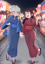 Rule 34 | 2girls, arikindows10, asymmetrical bangs, bag, blonde hair, blue bag, blue eyes, blue kimono, blunt bangs, blunt ends, blurry, blush, brown hair, closed mouth, collarbone, commission, depth of field, diana cavendish, embarrassed, festival, full body, hand up, highres, holding, holding bag, holding hands, index finger raised, japanese clothes, kagari atsuko, kimono, little witch academia, long hair, long sleeves, looking at another, looking down, market stall, multicolored hair, multiple girls, night, night sky, obi, one side up, open mouth, outdoors, pointing, pointing forward, print kimono, red eyes, red kimono, sandals, sash, short eyebrows, short hair with long locks, single sidelock, skeb commission, sky, smile, sweatdrop, tareme, tsurime, two-tone hair, wavy hair, wavy mouth, white hair, wide sleeves, yukata, zouri
