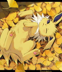 Rule 34 | artist name, autumn leaves, creatures (company), falling leaves, game freak, gen 1 pokemon, highres, jolteon, kaminokefusa, leaf, looking at viewer, lying, nintendo, no humans, on back, one eye closed, pokemon, pokemon (creature), solo