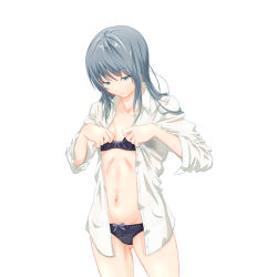 Rule 34 | 1girl, adjusting bra, adjusting clothes, black panties, bow, bow bra, bow panties, bra, breasts, cowboy shot, dress shirt, dressing, gluteal fold, grey eyes, grey hair, indoors, katahama, lace, lace-trimmed bra, lace trim, long sleeves, looking down, medium hair, navel, no pants, open clothes, open shirt, original, panties, shirt, simple background, small breasts, solo, standing, thighs, unbuttoned sleeves, underwear, unfinished, white background, white shirt