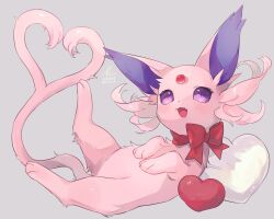 Rule 34 | animal focus, bow, bowtie, creatures (company), espeon, fang, forehead jewel, full body, game freak, gem, gen 2 pokemon, grey background, happy, heart, heart-shaped pillow, hideko (l33l3b), highres, lying, nintendo, no humans, on back, open mouth, pillow, pokemon, pokemon (creature), purple eyes, red bow, red gemstone, signature, simple background, smile, solo, twitter username, valentine