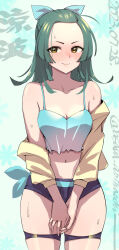 Rule 34 | 1girl, asava (hutaitenn), blush, breasts, character name, cleavage, closed mouth, dated, forehead, green hair, hair ribbon, highres, jacket, kantai collection, long hair, looking at viewer, medium breasts, off shoulder, official alternate costume, one-hour drawing challenge, open clothes, open jacket, orange eyes, own hands together, polka dot, polka dot ribbon, ribbon, short shorts, shorts, simple background, smile, solo, suzunami (kancolle), sweat, tank top, thigh strap, yellow jacket