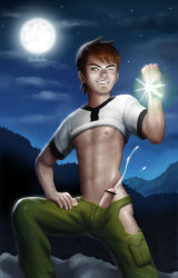 Rule 34 | 1boy, abs, bar censor, ben 10, censored, cum, diediedie, erection, highres, male focus, muscular, one eye closed, outdoors, penis, shiny skin, short hair, signature, smile, solo, teeth, torn clothes, undressing, wince, wink
