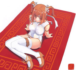 Rule 34 | 1girl, breasts, brown hair, china dress, chinese clothes, dress, covered erect nipples, large breasts, red eyes, smile, solo, thigh strap, thighhighs, twintails