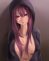 Rule 34 | 1girl, absurdres, against wall, alternate costume, breasts, cleavage, covered erect nipples, expressionless, fate/grand order, fate (series), head tilt, highres, hood, hood up, hoodie, large breasts, lips, long hair, long sleeves, looking at viewer, navel, no bra, open clothes, open hoodie, purple hair, red eyes, scathach (fate), shirofugu, solo, stomach, upper body