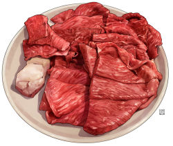 Rule 34 | beef, commentary request, food, food focus, meat, momiji mao, no humans, original, plate, raw meat, realistic, simple background, white background
