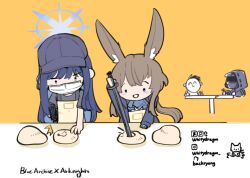 1boy 1other 2girls amiya_(arknights) animal_ears arknights ascot baseball_cap black_shirt blue_archive blue_ascot blue_eyes blue_halo brown_hair commentary copyright_name cropped_torso crossover deviantart_logo deviantart_username doctor_(arknights) doodle_sensei_(blue_archive) dumpling english_commentary food fork hair_between_eyes halo hat holding holding_fork holding_knife hood hood_up instagram_logo instagram_username jewelry knife long_hair long_sleeves mask mouth_mask multiple_girls open_mouth orange_background pixiv_logo pixiv_username rabbit_ears rabbit_girl ring saori_(blue_archive) sensei_(blue_archive) shirt short_sleeves smile table thumb_ring tumblr_logo tumblr_username twitter_logo twitter_username upper_body white_mask whitydragon