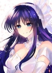Rule 34 | 1girl, aquaplus, bare shoulders, black hair, blue eyes, blush, breasts, cleavage, crying, crying with eyes open, dress, gloves, gradient eyes, gradient hair, hair between eyes, hairband, large breasts, long hair, looking at viewer, multicolored eyes, multicolored hair, parted lips, sidelocks, sleeveless, sleeveless dress, smile, solo, tearing up, tears, touma kazusa, upper body, very long hair, wedding dress, white album, white album (series), white album 2, white dress, white gloves, yozorasiba