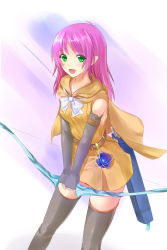 Rule 34 | 1girl, :d, aged up, belt, bow (weapon), cape, elbow gloves, fae (fire emblem), fang, fingerless gloves, fire emblem, fire emblem: the binding blade, fire emblem: the blazing blade, gloves, green eyes, hair down, konimaru, leaning forward, long hair, nintendo, open mouth, orange skirt, pink hair, pointy ears, quiver, skirt, smile, solo, thighhighs, v arms, weapon, zettai ryouiki