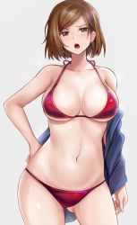 Rule 34 | 1girl, :o, bikini, blue jacket, breasts, brown eyes, brown hair, commentary request, contrapposto, cowboy shot, furrowed brow, halterneck, hand on own hip, highres, jacket, jujutsu kaisen, kugisaki nobara, large breasts, looking at viewer, navel, off shoulder, open mouth, r-binon, red bikini, short hair, solo, stomach, swept bangs, swimsuit