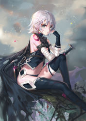 Rule 34 | 1girl, armband, bandaged arm, bandages, bare shoulders, belt, boots, breasts, cape, closed mouth, eyebrows, facial scar, fate/apocrypha, fate (series), fingerless gloves, gloves, green eyes, highres, jack the ripper (fate/apocrypha), looking at viewer, outdoors, panties, rabbit (tukenitian), scar, scar on cheek, scar on face, sheath, shiny skin, short hair, sideboob, silver hair, sitting, solo, thigh boots, thighhighs, torn clothes, underwear, weapon
