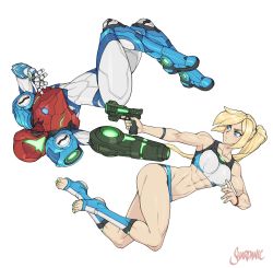 Rule 34 | 1girl, abs, arm cannon, armor, blonde hair, blue eyes, breasts, dual persona, full body, glowing, helmet, highres, large breasts, long hair, metroid, metroid dread, mole, mole under mouth, nail polish, nintendo, open mouth, panties, ponytail, power armor, power suit, samus aran, science fiction, shardanic, simple background, solo, sports bra, stirrup legwear, toeless legwear, toenail polish, toenails, underwear, weapon