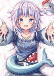 Rule 34 | 1girl, :d, arms up, bed sheet, bloop (gawr gura), blue eyes, blue hair, blush, breasts, collarbone, commentary request, fins, fish tail, gawr gura, gawr gura (1st costume), highres, hololive, hololive english, hood, long hair, long sleeves, looking at viewer, lying, multicolored hair, on back, open mouth, outstretched arms, regi (r regi), shark tail, sharp teeth, small breasts, smile, solo, streaked hair, tail, teeth, upper teeth only, virtual youtuber