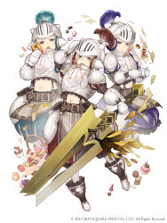 Rule 34 | 3girls, absurdres, armor, basket, belt, belt pouch, blonde hair, breastplate, cake, candy, cup, cupcake, doughnut, faulds, food, full body, gauntlets, helmet, highres, holding, holding sword, holding weapon, ji no, looking at viewer, macaron, midriff, mittens, multiple girls, official art, plate armor, plume, pouch, purple eyes, shoulder armor, sinoalice, smile, square enix, sword, teacup, teeth, three little pigs (sinoalice), upper teeth only, visor lift, weapon, white background