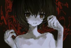Rule 34 | 1girl, black background, black eyes, black hair, clenched teeth, collarbone, completely nude, crying, crying with eyes open, cuts, empty eyes, hair between eyes, hands up, highres, injury, looking at viewer, nude, original, pale skin, parted lips, red background, red pupils, self-harm, short hair, solo, swirl, tears, teeth, torichikushou, two-tone background, wrist cutting
